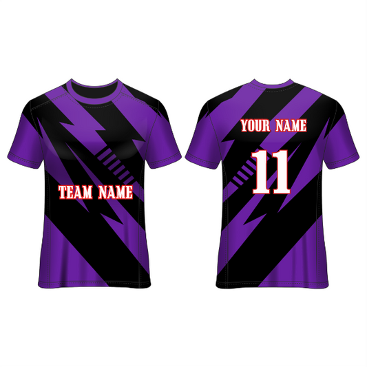 Front and back view of a purple and black football jersey with bold lightning-style graphics, featuring customizable team name, player name, and number, ideal for soccer teams, tournaments, training sessions, and match-day performance.