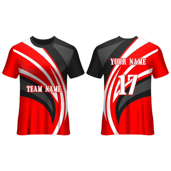 Front and back view of a red and black football jersey with bold white curved stripe graphics, featuring customizable team name, player name, and number, ideal for soccer teams, tournaments, training sessions, and match-day performance.