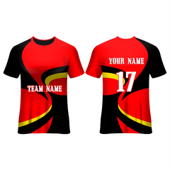 Front and back view of a red and black football jersey with bold yellow swirl graphics, featuring customizable team name, player name, and number, ideal for soccer teams, tournaments, training sessions, and match-day performance.