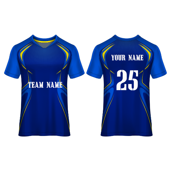 Front and back view of a royal blue performance football jersey with yellow accent details and customizable team name, player name, and number, ideal for soccer teams, tournaments, training, and match-day wear.