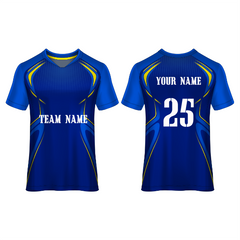 Front and back view of a royal blue performance football jersey with yellow accent details and customizable team name, player name, and number, ideal for soccer teams, tournaments, training, and match-day wear.
