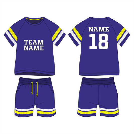 Royal purple sports jersey with yellow accent stripes back view