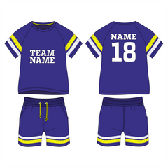 Royal purple sports jersey with yellow accent stripes back view