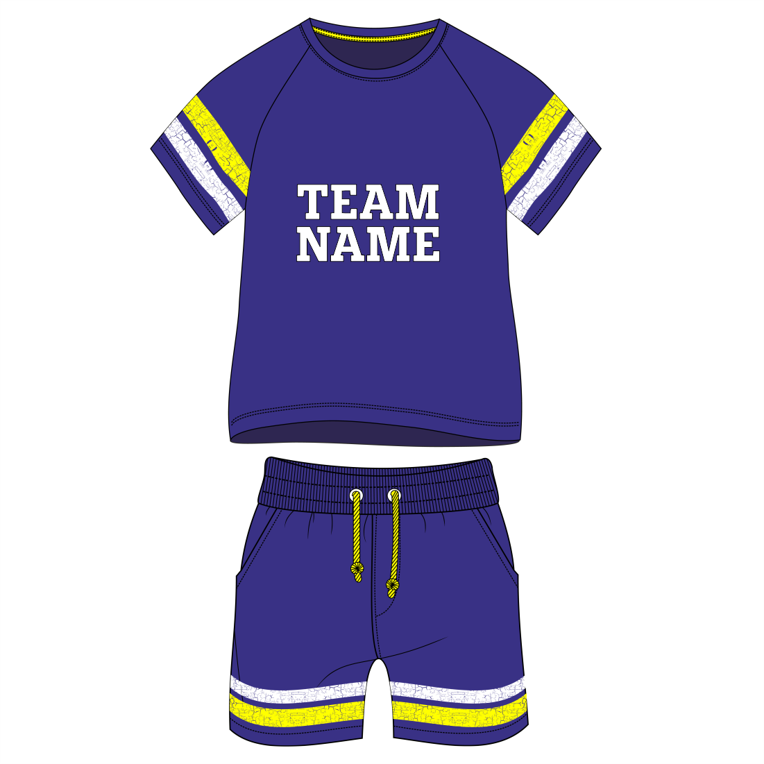 Royal purple sports jersey with yellow accent stripes front view