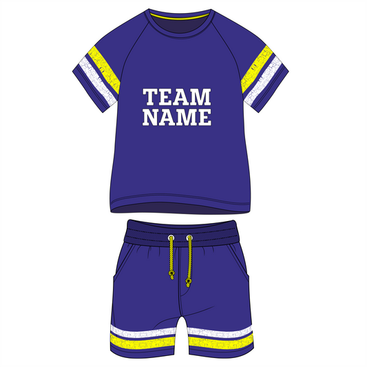 Royal purple sports jersey with yellow accent stripes front view