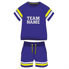 Royal purple sports jersey with yellow accent stripes front view