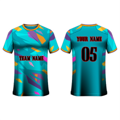 Front and back view of a teal football jersey with colorful abstract geometric graphics in purple, yellow, and pink, featuring customizable team name, player name, and number, ideal for soccer teams, tournaments, training sessions, and match-day performance.