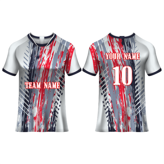 Front and back view of a white football jersey with grey and red abstract brush-stroke graphics, featuring customizable team name, player name, and number, ideal for soccer teams, tournaments, training sessions, and match-day performance.