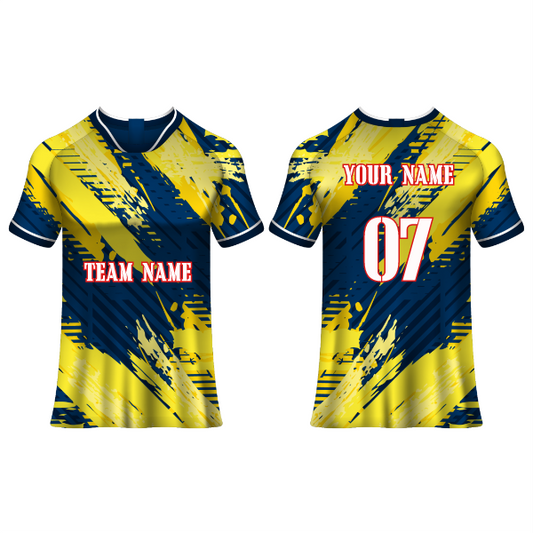 Front and back view of a yellow and navy football jersey with bold brush stroke graphics, featuring customizable team name, player name, and number, ideal for soccer teams, tournaments, training sessions, and match-day performance.