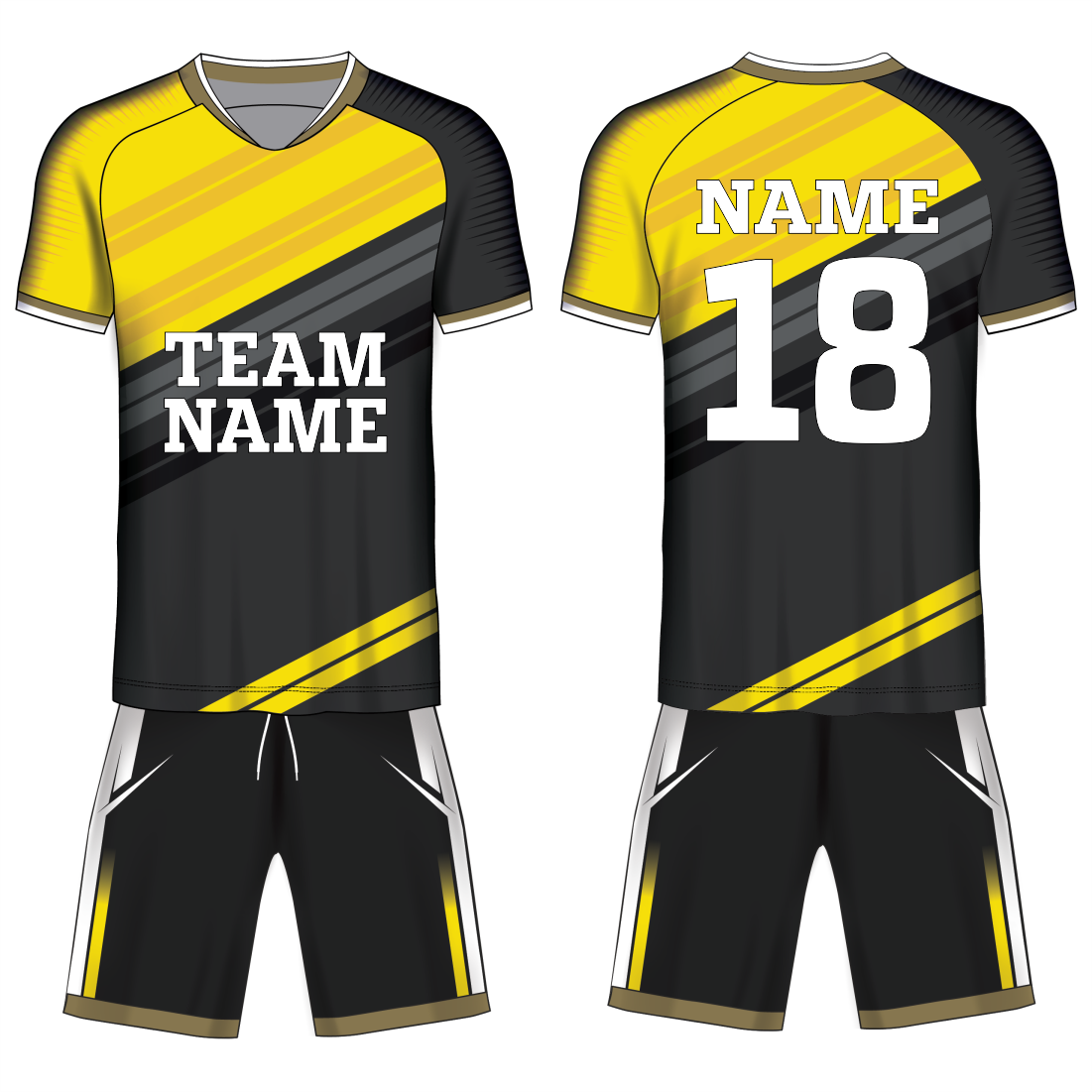 Yellow strike sports jersey with black shorts back view