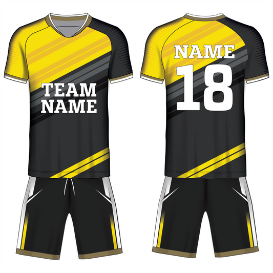 Yellow strike sports jersey with black shorts back view