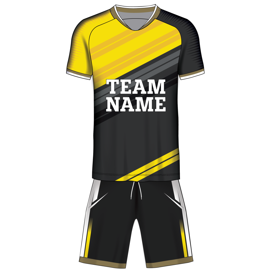 Yellow strike sports jersey with black shorts front view